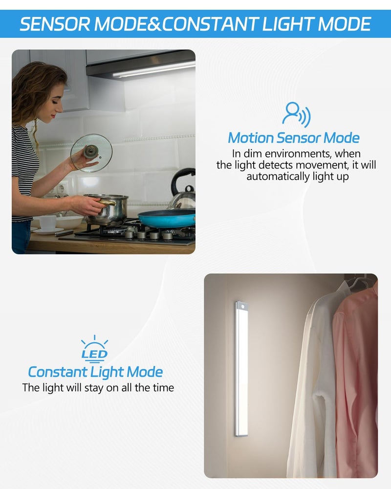 HIBOITEC ضوء خزانة HIBOITEC LED بحساس حركة 2500mAh عبوتين قابلة لإعادة الشحن تحت المنضدة إضاءة خزانة، ضوء ليلي لاسلكي مع 54 LED للخزانة، خزانة الملابس، المطبخ، الممر، السلالم - Image 5